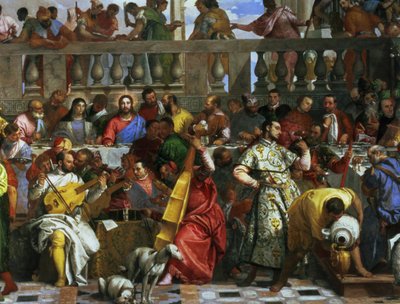 Svatební hostina v Káně, detail hudebníků a psů, c.1562 detail olej na plátně z 94932 od Paolo Veronese