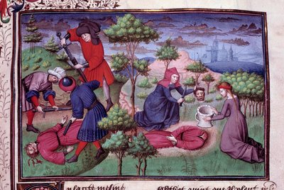 Scéna vraždy dvou mužů, kterým vrazi usekli hlavu. Strana francouzského rukopisu „Dekameronu“ od Giovanniho Boccaccia dit Jean Boccace (1313-1375), italského spisovatele, osvíceného mistrem Manselem. 1450. Paříž, Knihovna Arsenalu od Vicente de Paredes