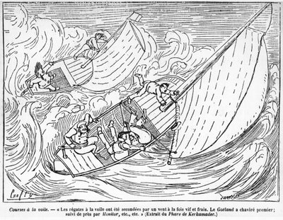Segelbootrennen, gekenterte Boote: „Die Segelregatten wurden von einem starken und frischen Wind unterstützt. Das Boot Goeland kenterte zuerst, gefolgt von Monitor...“ - Zeichnung von Crafty, in „The Centaur“ von Victor  Geruzez