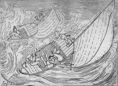 Segelrennen: zwei Regatten, die Goëland und der Monitor kenterten - Auszug aus dem Leuchtturm von Kerkamadec - Zeichnung von Crafty - in „Le Centaure“ von Victor  Geruzez