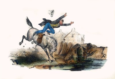 Jezdec spadne po spěchu svého koně. V „“ Album Grotesque, Choices of Outstanding Types“, ilustrace Victor Adam, Paříž, kolem roku 1850. od Victor Adam