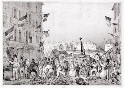 Barikáda v Rue Dauphine, 29. července 1830, vyryl H. Delaporte od Victor Adam