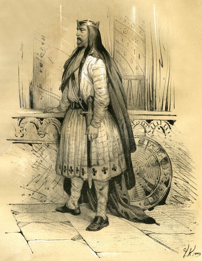 Clodion Vlasatý, vůdce sálských Franků od roku 428 do své smrti v roce 447, pravděpodobný předchůdce Merovejců. Rytina Victora Adama (1801-1866) v knize "Francie ve středověku" vydané bratry Ardantovými v polovině 1. století. od Victor Adam