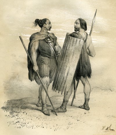 Franc a Sicamberští bojovníci kolem roku 254. Sicambrové byli germánský národ jižně od Lippe, který si v 8. století podmanili Římané a poté se začlenili do franského národa. Rytina Victora Adama (1801-1866) v knize "France in t od Victor Adam