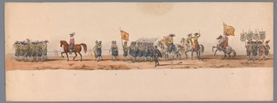Historický průvod u druhého stého výročí Utrechtské univerzity aplikovaných věd, 1836 (deska 7) Přiblížení nizozemských armád k Ostende, 3. července 1600, den po vítězství u Nieuwpoortu; podle krojovaného znázornění udávaného H H Studentem od Victor Adam
