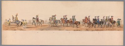 Historický průvod u druhého stého výročí Utrechtské univerzity aplikovaných věd, 1836 (deska 8) Přiblížení nizozemských armád k Ostende, 3. července 1600, den po vítězství u Nieuwpoortu; podle krojovaného znázornění udávaného H H Studentem od Victor Adam