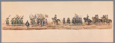Historický průvod u druhého stého výročí Utrechtské univerzity aplikovaných věd, 1836 (deska 9) Přiblížení nizozemských armád k Ostende, 3. července 1600, den po vítězství u Nieuwpoortu; podle krojovaného znázornění udávaného H H Studentem od Victor Adam