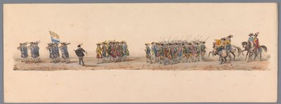 Historický průvod u druhého stého výročí Utrechtské univerzity aplikovaných věd, 1836 (deska 4) Přiblížení nizozemských armád k Ostende, 3. července 1600, den po vítězství u Nieuwpoortu; podle krojovaného znázornění udávaného H H Studentem od Victor Adam