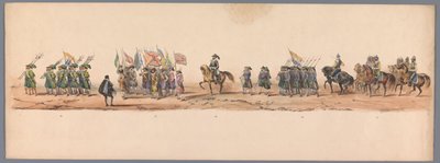 Historický průvod u druhého stého výročí Utrechtské univerzity aplikovaných věd, 1836 (deska 9) Přiblížení nizozemských armád k Ostende, 3. července 1600, den po vítězství u Nieuwpoortu; podle krojovaného znázornění udávaného H H Studentem od Victor Adam