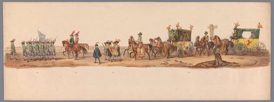 Historický průvod u druhého stého výročí Utrechtské univerzity aplikovaných věd, 1836 (deska 6) Přiblížení nizozemských armád k Ostende, 3. července 1600, den po vítězství u Nieuwpoortu; podle krojovaného znázornění udávaného H H Studentem od Victor Adam