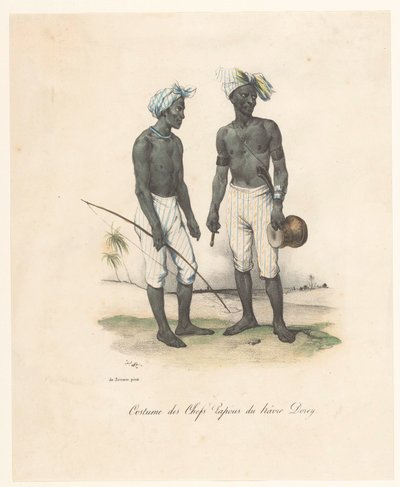 Oblečení vůdců Havre-Dorey v Papui Nové Guineji Kostým des chefs papous du hâvre Dorey (titul na předmětu) Cesta za objevem astrolábu (název série) Voyage de découvertes de l