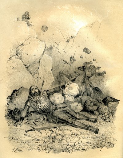 Roland, bretaňský hrabě, zemřel v roce 778 v údolí Ronceveaux (Pyreneje) pod náporem oddílu Vaskonů (Basků). Rytina Victora Adama (1801-1866) v knize "Francie ve středověku", kterou vydali bratři Ardantové v polovině roku t od Victor Adam