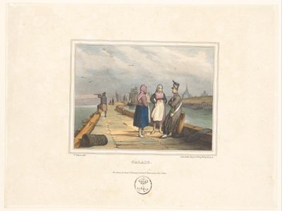 Dvě dívky a voják na přistávací ploše v Calais Calais (název na objektu) Kostýmy obyvatel přístavních měst (název série) Kostýmy námořníků, návrhy v přístavech (název série) od Victor Adam