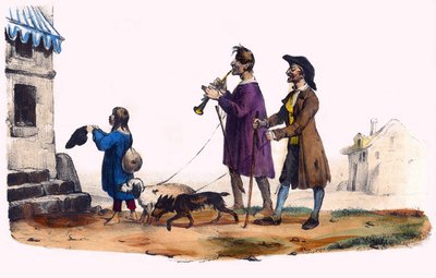 Dva slepci vedeni psy a žebravé dítě. V "Album Grotesque, Choices of Outstanding Types", ilustrace Victor Adam, Paříž, kolem roku 1850. od Victor Adam