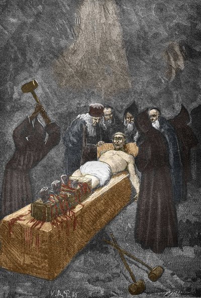 Případ Posssedes z Loudunu (démonů de Loudun) kolem roku 1630: hon na čarodějnice, francouzský kněz Urbain Grandier (1590-1634), který údajně uzavřel smlouvu s ďáblem a obviňuje z očarování jeptišek, je mučením k vyšívání - (Urbain Velkolepější, francouzsk od Victor Armand Poirson