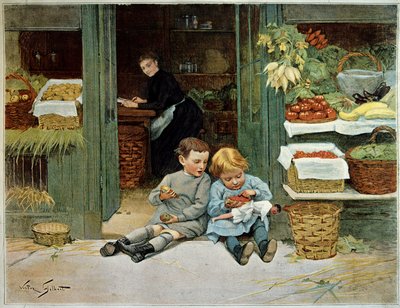 Prohlídka ho. Dítě jí toasty před potravinami jejich matky. Holčička má na kolenou panenku. Obraz Victora Gilberta (1847-1935). Paříž, dekorativní umění od Victor Gabriel Gilbert