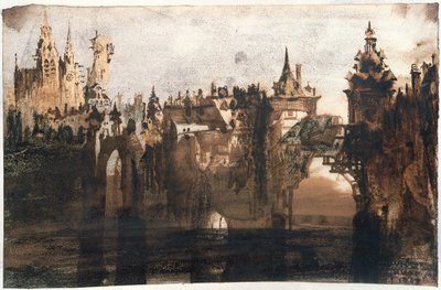 Město s rozbitým mostem (grafit, indická tuš a sépie na papíře) od Victor Hugo