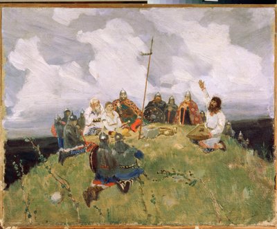 Boyan jouant du gousli (gusli, housli, husli) v 11. století (Boyan hrající na gusli) - Dílo Viktora Michajloviče Vasněcova (1848-1926), olej na kartonu od Victor Mikhailovich Vasnetsov