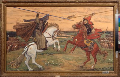 Souboj Alexandra Peresveta a Tatara Chelibeye (nebo Chelubey, Temir Mourza (Temir-Mourza) na Kulikovo pláni v roce 1380, během bitvy mezi Rusy a Zlatou hordou (jednotný boj Peresvet a Temir Murza (Temir-Murza) na Kulikovu od Victor Mikhailovich Vasnetsov