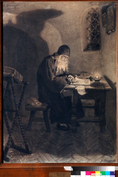 ""Pimene"" (Pimen) Ilustrace k opeře ""Boris Godunov"" (Boris Godunov) Alexandra Puškina Malba Viktora Vasněcova (1848-1926) - 1891 - Uhlí, barevná tužka a bílá barva na papíře - Státní muzeum Abramtsevo Sídlo, Moskva od Victor Mikhailovich Vasnetsov