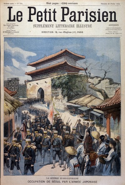 Japonská armáda okupuje Soul, Korea - rytina z Le Petit Parisien, 28/02/1904 od Victor Mottez
