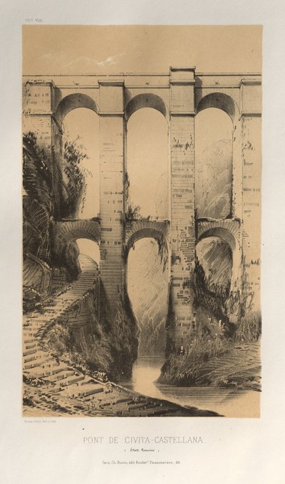 Malebná architektura aneb památky 15. století. A XVI. Století: Hrady Francie XV a XVI Století: Pl. 50, Pont De Civita-Castellana (Římské státy) od Victor Petit