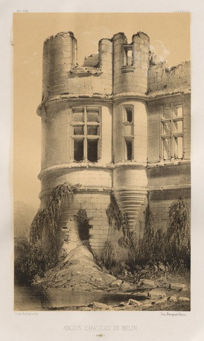Malebná architektura aneb památky 15. století. A XVI. Století: Francouzské zámky XV a XVI Století: Pl. 99, Starý hrad Belin (Sarthe) od Victor Petit