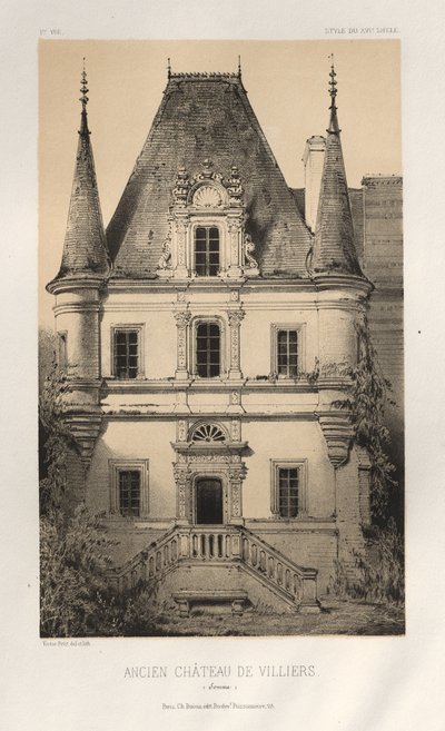 Malebná architektura aneb památky 15. století. A XVI. Století: Chateaux De France XV a XVI Století: Pl. 1, Starý zámek Villiers (Somme) od Victor Petit