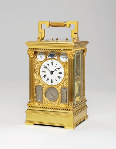 Francouzské mosazné grande sonnerie osmidenní kočárové hodiny s plným kalendářem, měsíční fází, barometrem a teploměrem, kolem roku 1880 od Victorien Boseet