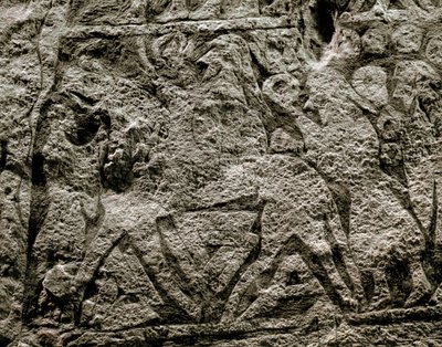 Mrtví jedoucí na Odinově koni, detail vikingského pohřebního kamene, 7.–8. století našeho letopočtu od Viking