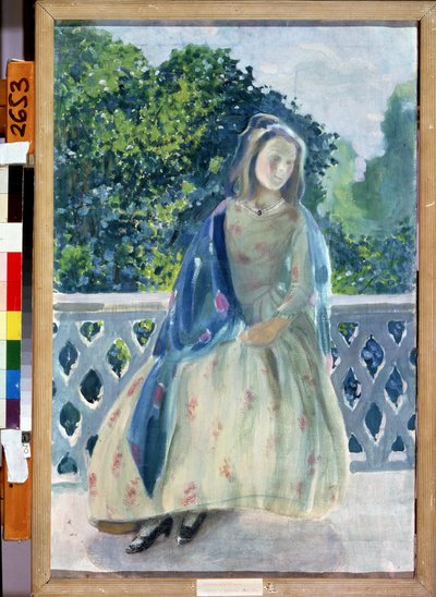"Jeune fille au balcon"" Peinture de Viktor (Victor) Elpidiforovich Borisův-Musatov (Borisov Musatov) (1870-1905) 1900 State A. Radishchev Art Museum Saratov od Viktor Elpidiforovich Borisov Musatov
