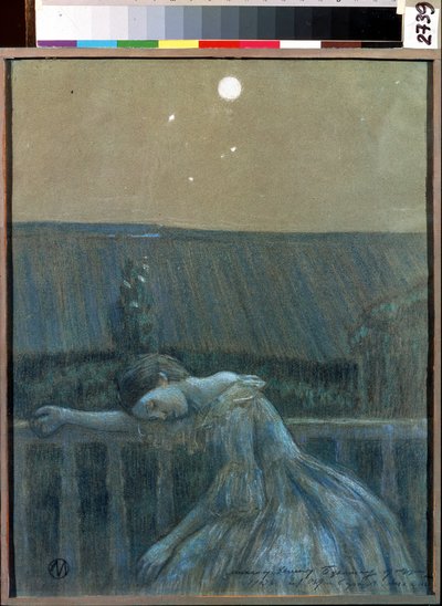 ""The Sorrow"" (Sorrow) Zoufalá mladá dívka opřená o zábradlí. Akvarel a pastel Viktor (Victor) Elpidiforovič Borisov-Musatov (Borisov Musatov) (1870-1905) (symbolismus) 1903 Státní muzeum historie a umění Serpukhov (Serpukhov). od Viktor Elpidiforovich Borisov Musatov
