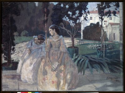 Gobelín. Dvě elegantní mladé ženy se procházejí v zahradě bohatého panství. Obraz Viktora (Victora) Elpidiforoviče Borisova Musatova (Borisov-Musatov) (1870-1905). tempera na plátně od Viktor Elpidiforovich Borisov Musatov