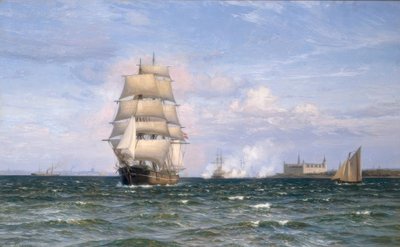 Dánská bárka před hradem Kronborg a Elsinore v dálce od Vilhelm Arnesen