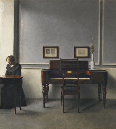 Ida v interiéru s klavírem od Vilhelm Hammershøi