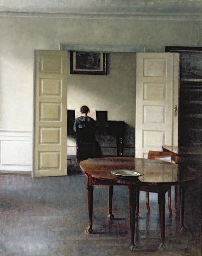 Interiér se ženou hrající na klavír, 1910 od Vilhelm Hammershoi
