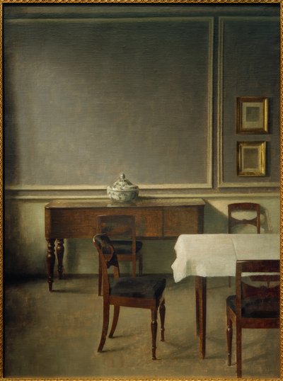 Interiér s porcelánovou terinou od Vilhelm Hammershoi