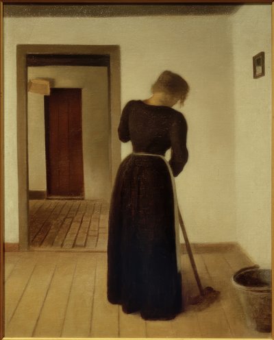 Interiér s mladou ženou zametání od Vilhelm Hammershoi