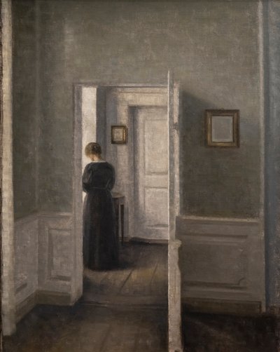 Interiér se stojící ženou (olej na plátně) od Vilhelm Hammershoi