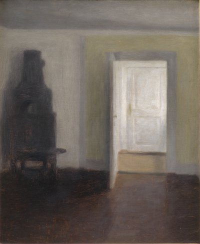 Interiér se starými kamny od Vilhelm Hammershoi