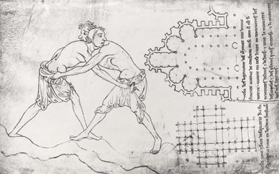 Ms.Fr.19093 fol.14v Dva zápasníci, plán cisterciáckého kostela a plán chóru Notre-Dame de Cambrai (faksimile kopie) od Villard de Honnecourt