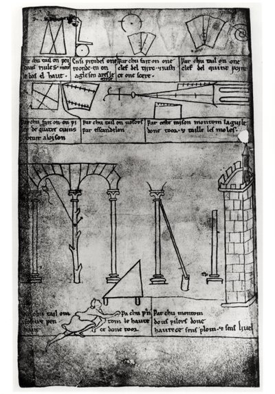 Ms.Fr.19093 fol.20v Geometrické obrazce pro stavbu, oblouky a muž měřící výšku věže (faksimile kopie) od Villard de Honnecourt