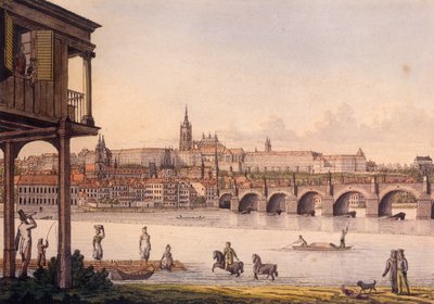 Pohled na Malou Stranu a Pražský hrad Hradčany z Papoukových lázní, 1825 (barevný lept) od Vincenc Morstadt