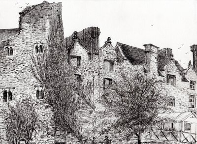 Zřícenina hradu Hay on Wye, 2007, (inkoust na papíře) od Vincent Alexander Booth