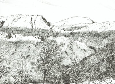 Dove Crag at Sunrise, 2003, (tuš na papíře) od Vincent Alexander Booth