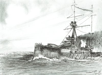 HMS Dreadnought na moři, 2017, (tuš na papíře) od Vincent Alexander Booth