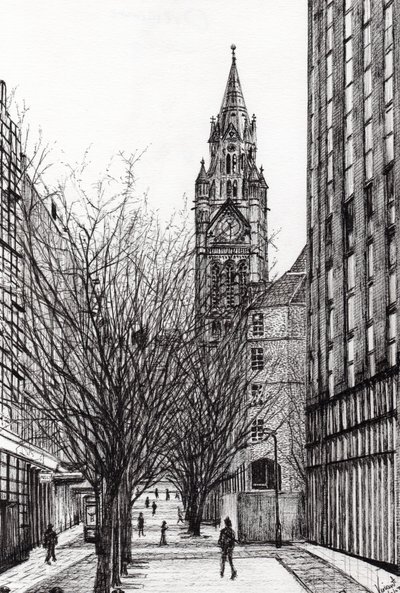 Manchesterská radnice z Deansgate, 2007, (inkoust na papíře) od Vincent Alexander Booth