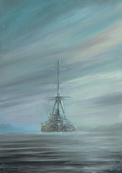 SMS Derfflinger Scapa Flow 1919, 2016,(olejová barva na plátně) od Vincent Alexander Booth