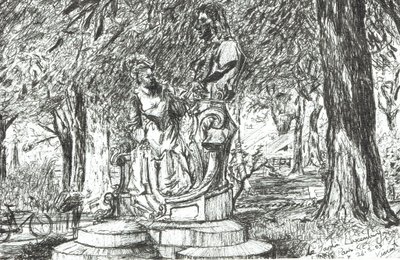 Socha v Jardin Luxembourg Paris, 2003, (inkoust na papíře) od Vincent Alexander Booth