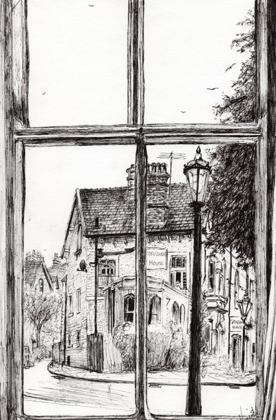 Pohled z Old Hall Hotel Buxton, 2009, (inkoust na papíře) od Vincent Alexander Booth